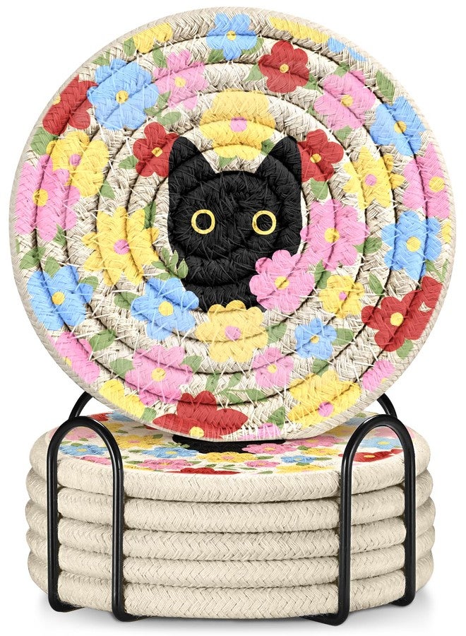 Kokaaee Drink Coasters Set of 6 - Cup Absorbent Coasters for Drinks Coffee Table Home Office Desk Decor Soft Woven Cotton Cloth Braided Fabric Drinking Cup Mat with Holder Cute Cat Flower - Image 1